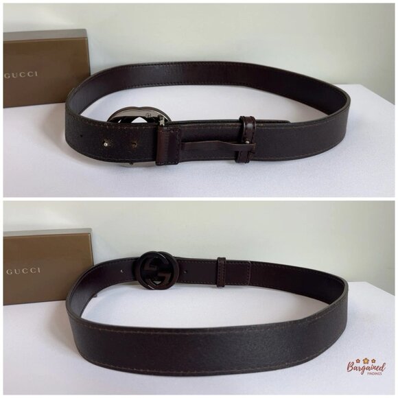 Authentic Gucci Dark Brown Leather Bamboo Interlocking G Buckle Belt 95/38 - Picture 5 of 13